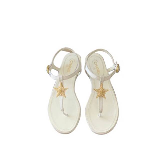 Ch*el leather women’s sandals white starlike gold hardware